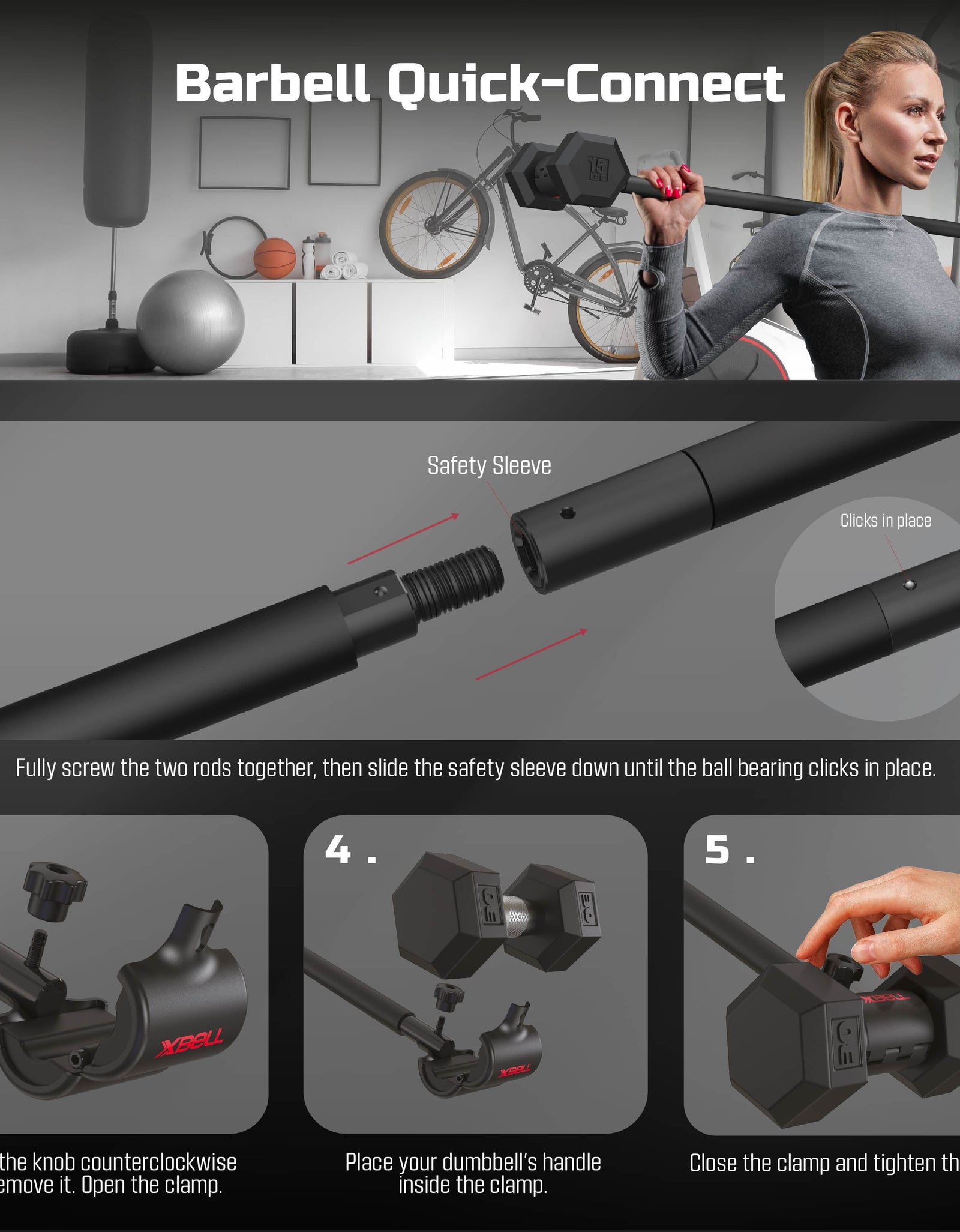 X-Bell System Dumbbells to Barbell Converter, Dumbbell to Curl Bar, Macebell and Kettlebell Handle
