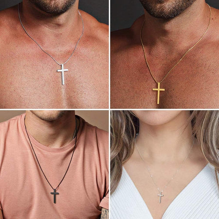 Easter Basket Stuffers - Cross Necklace for Men Teen Boys, Silver Black Gold Stainless Steel Plain Cross Pendant Necklace Box Chain 16-30 Inch