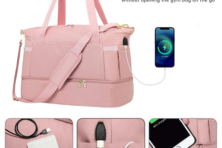 Travel Duffel Bag for Women Gym Bag with USB Charging Port Large Weekender Overnight Bag Yoga Duffle Bags with Wet Pocket and Shoes Compartment, Pink