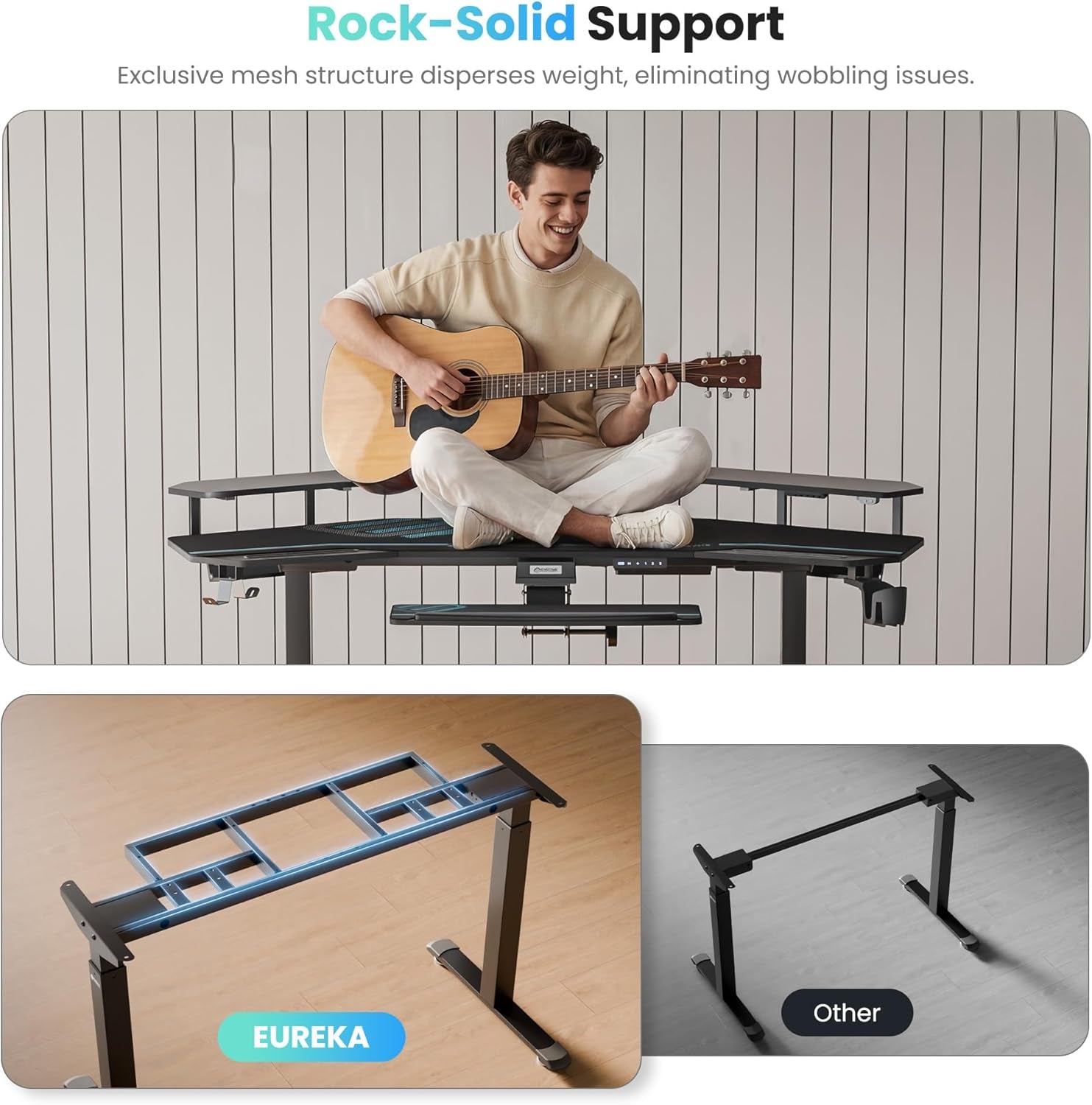 Gaming Desk, Standing Desk Keyboard Tray, 72" Wing Shaped Music Studio Desk Electric Adjustable Height Desk Sit Stand Desk with LED Shelves, Gaming Recording Live Stream, Slot Design