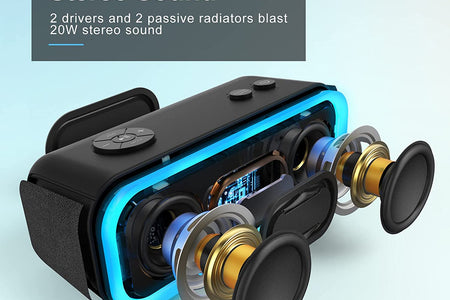 Bluetooth Speaker, Soundbox Pro Wireless Speaker with 20W Stereo Sound, Active Extra Bass, Bluetooth5.0, IPX6 Waterproof, Wireless Stereo Pairing, Multi-Colors Lights, 20Hrs Playtime -Blue
