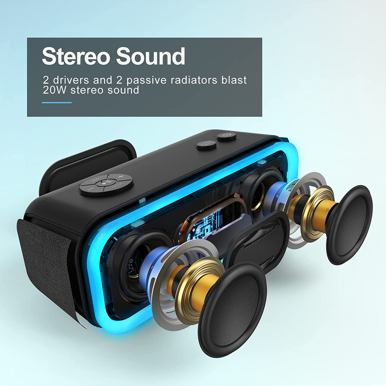 Bluetooth Speaker, Soundbox Pro Wireless Speaker with 20W Stereo Sound, Active Extra Bass, Bluetooth5.0, IPX6 Waterproof, Wireless Stereo Pairing, Multi-Colors Lights, 20Hrs Playtime -Blue