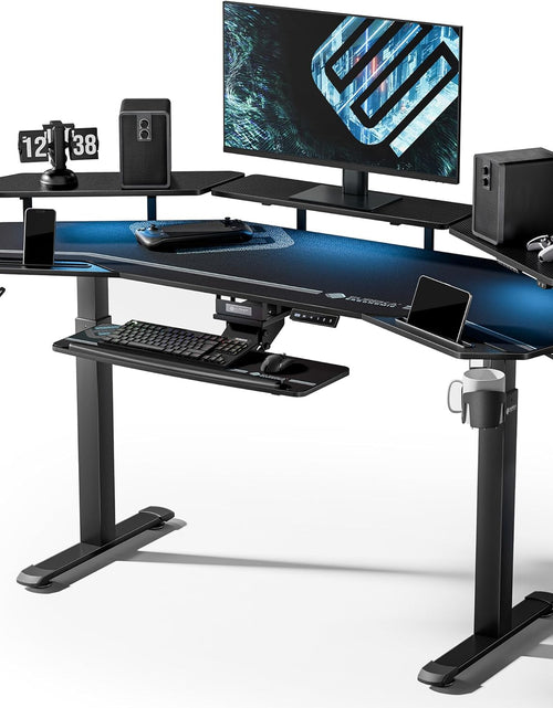 Load image into Gallery viewer, Gaming Desk, Standing Desk Keyboard Tray, 72" Wing Shaped Music Studio Desk Electric Adjustable Height Desk Sit Stand Desk with LED Shelves, Gaming Recording Live Stream, Slot Design
