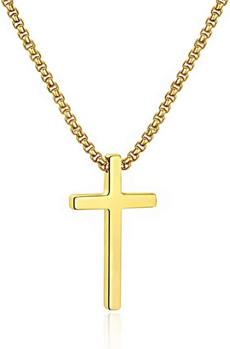 Easter Basket Stuffers - Cross Necklace for Men Teen Boys, Silver Black Gold Stainless Steel Plain Cross Pendant Necklace Box Chain 16-30 Inch