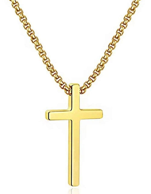 Load image into Gallery viewer, Easter Basket Stuffers - Cross Necklace for Men Teen Boys, Silver Black Gold Stainless Steel Plain Cross Pendant Necklace Box Chain 16-30 Inch
