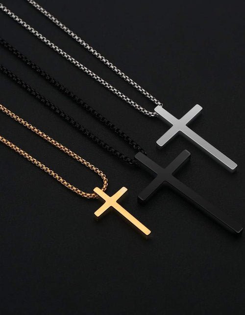 Load image into Gallery viewer, Easter Basket Stuffers - Cross Necklace for Men Teen Boys, Silver Black Gold Stainless Steel Plain Cross Pendant Necklace Box Chain 16-30 Inch
