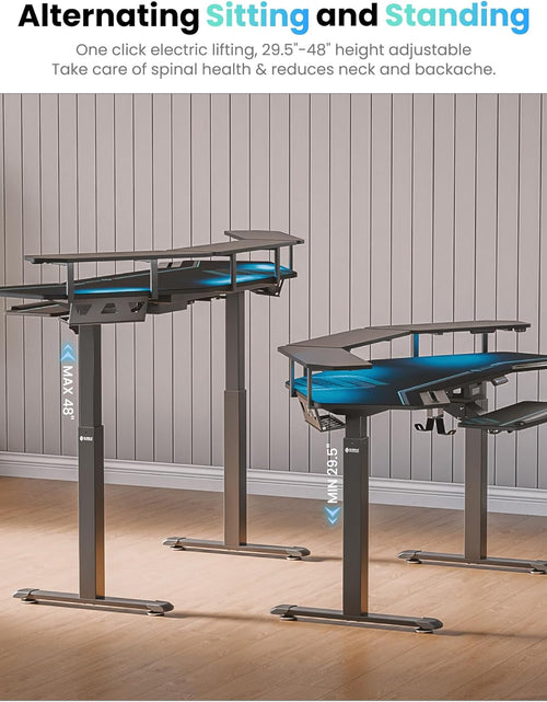 Load image into Gallery viewer, Gaming Desk, Standing Desk Keyboard Tray, 72" Wing Shaped Music Studio Desk Electric Adjustable Height Desk Sit Stand Desk with LED Shelves, Gaming Recording Live Stream, Slot Design
