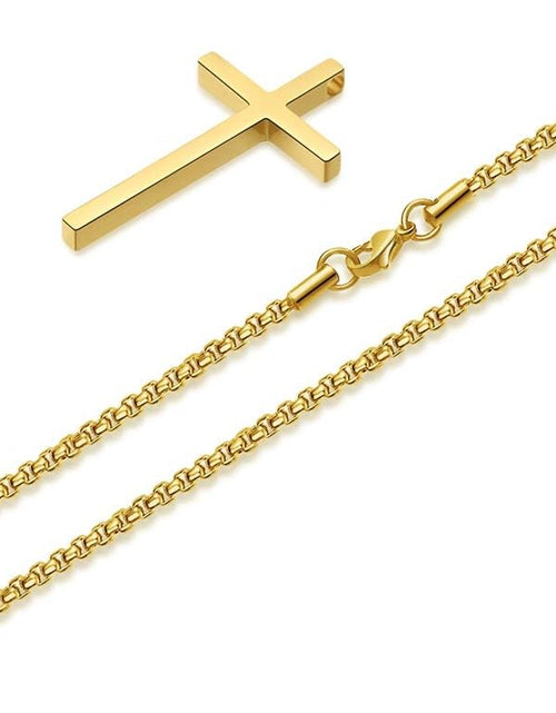 Load image into Gallery viewer, Easter Basket Stuffers - Cross Necklace for Men Teen Boys, Silver Black Gold Stainless Steel Plain Cross Pendant Necklace Box Chain 16-30 Inch
