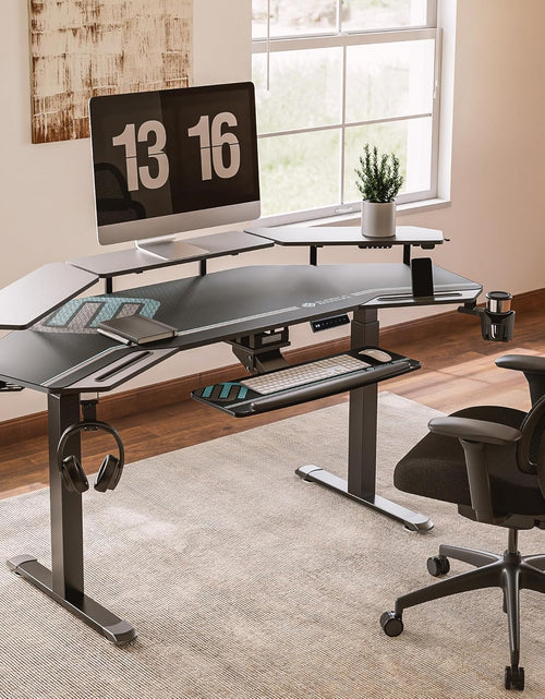 Load image into Gallery viewer, Gaming Desk, Standing Desk Keyboard Tray, 72" Wing Shaped Music Studio Desk Electric Adjustable Height Desk Sit Stand Desk with LED Shelves, Gaming Recording Live Stream, Slot Design
