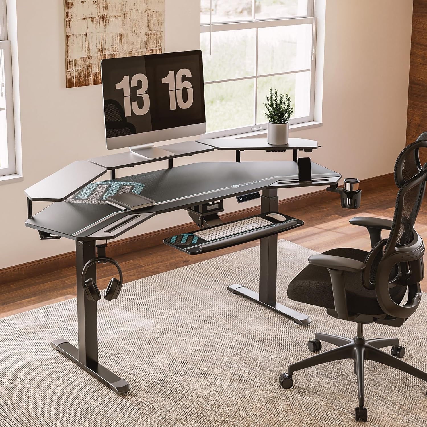 Gaming Desk, Standing Desk Keyboard Tray, 72" Wing Shaped Music Studio Desk Electric Adjustable Height Desk Sit Stand Desk with LED Shelves, Gaming Recording Live Stream, Slot Design