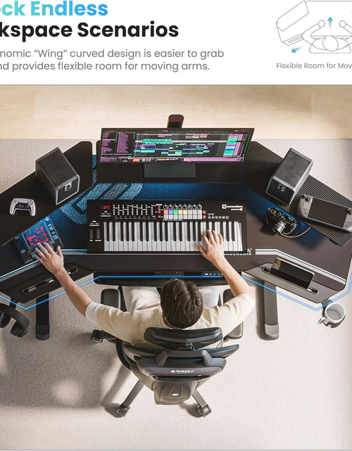 Load image into Gallery viewer, Gaming Desk, Standing Desk Keyboard Tray, 72" Wing Shaped Music Studio Desk Electric Adjustable Height Desk Sit Stand Desk with LED Shelves, Gaming Recording Live Stream, Slot Design
