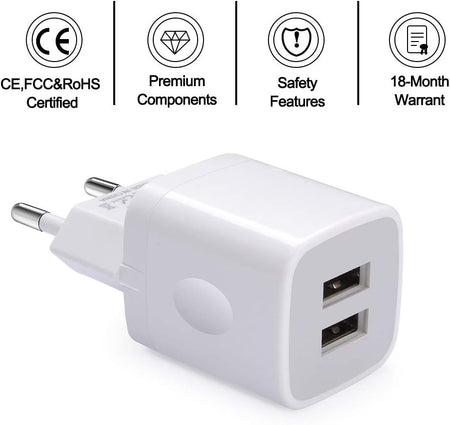 European Wall Charger,  2-Pack USB 2.1AMP Universal Europe Charger Block Dual Port Plug Compatible for Iphone 15 14 13 12 11 Pro Max XS XR X SE 8 7 6 Plus, Samsung S23 S22 A14, Note 20,Lg,Moto